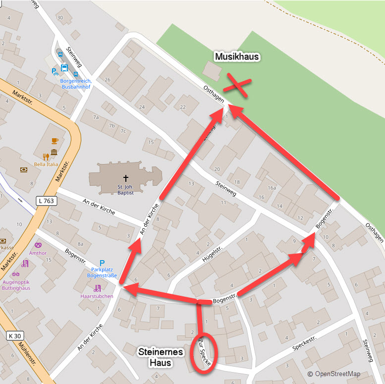 Karte Borgentreich. Wegbeschreibung vom Steinernen Haus zum Musikhaus.