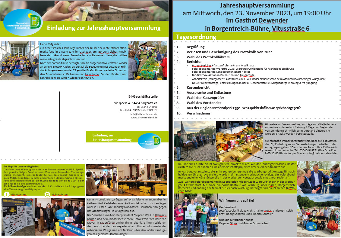 Fotos von BI-Veranstaltungen im Jahr 2023 und die Tagesordnung der Jahreshaptversammlung 2023.
